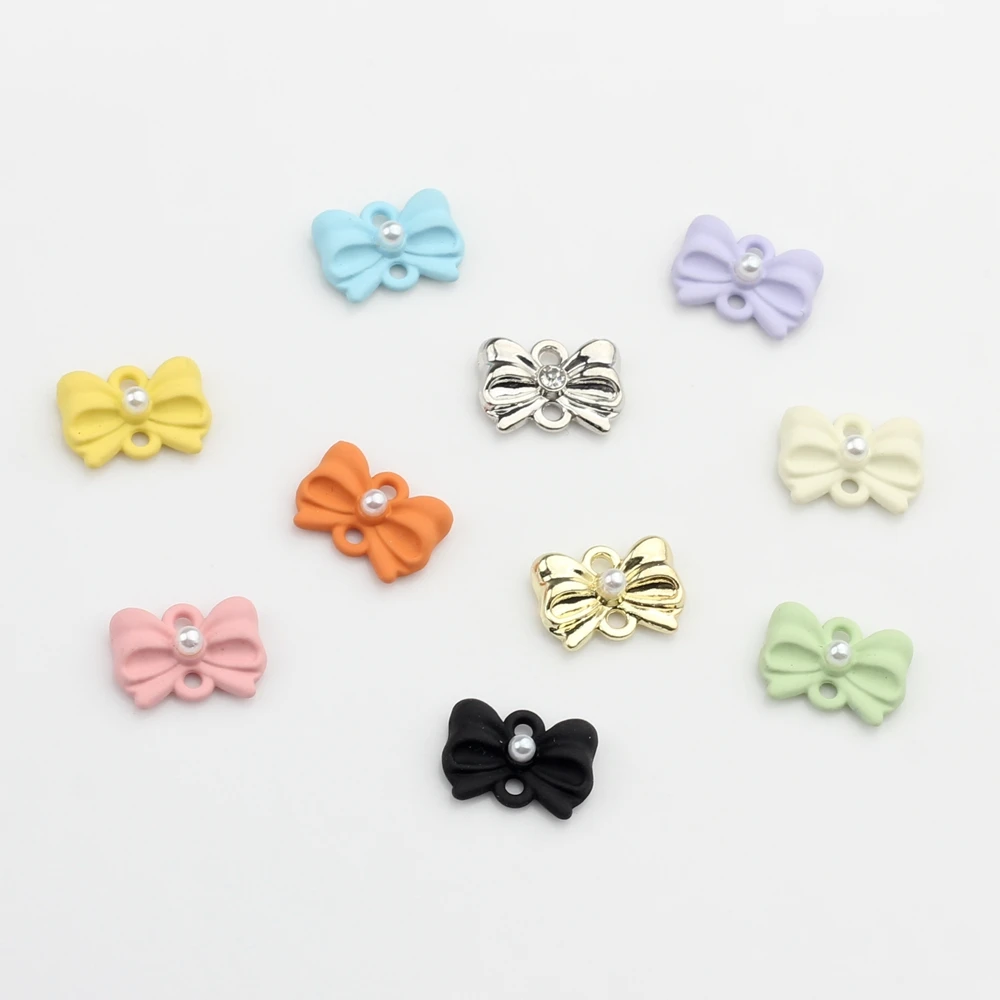 Zinc Alloy Color Spray Paint Inlaid Pearls Cute Bow Charms Connector 10pcs/lot  For DIY Earrings Jewelry Making Accessories