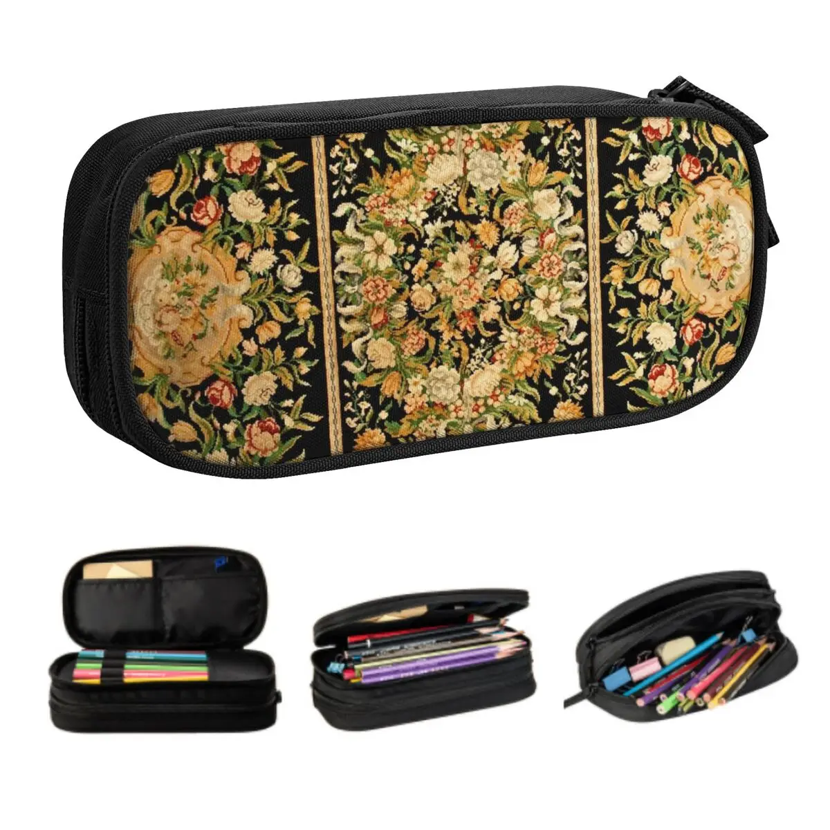 Kawaii Custom Antique French Aubusson Pencil Case for Vintage Europe Bohemia Floral Large Storage Pen Bag Box School Supplies