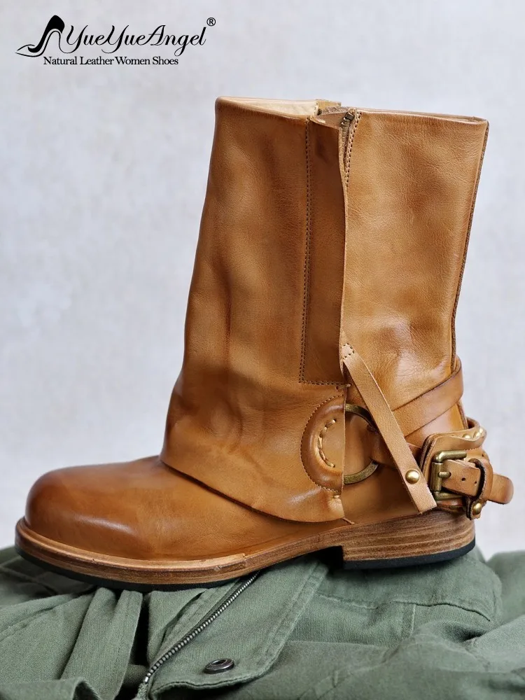 Retro Female Genuine Leather Round Toe Chunky Heel Ankle Boots Solid Color Cowhide Customized 15 Days Footwear
