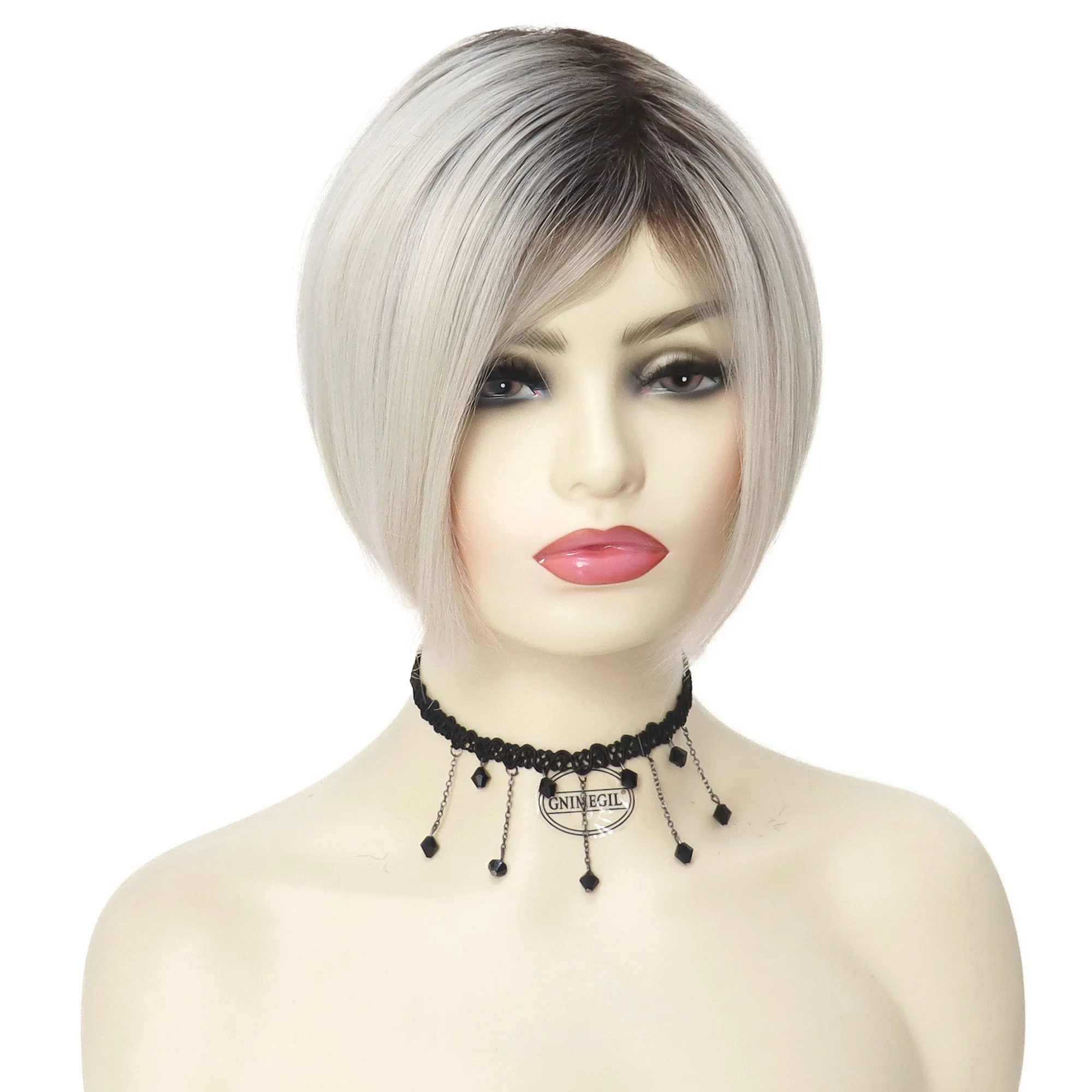 Synthetic Hair Short Bob Wig with Bangs Female Wigs Natural Ombre Color Silver Grey Black Roots Pixie Cuts Bobs Straight Wigs