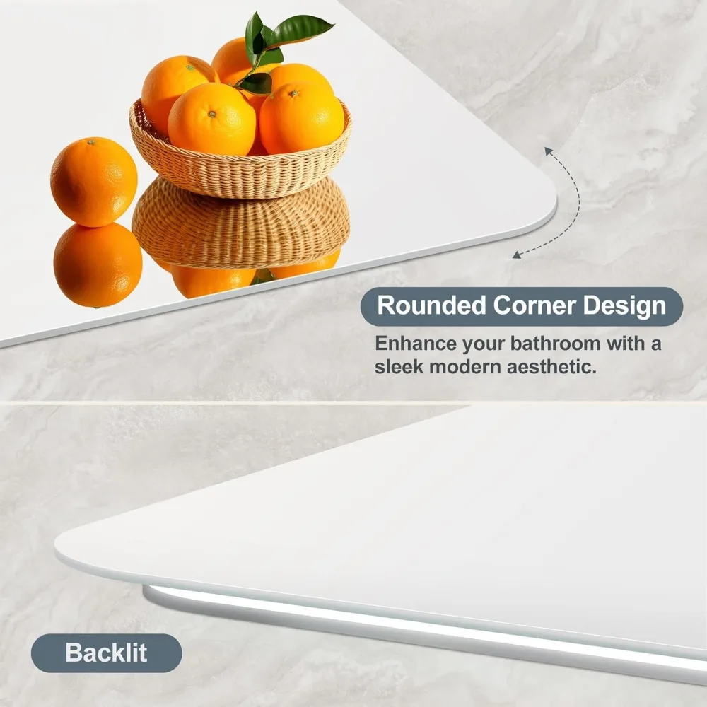 กระจกห้องน้ำ LED ไร้กรอบทรงสี่เหลี่ยมมุมโค้งมน พร้อมไฟที่ปรับความสว่างได้และป้องกันการแตก