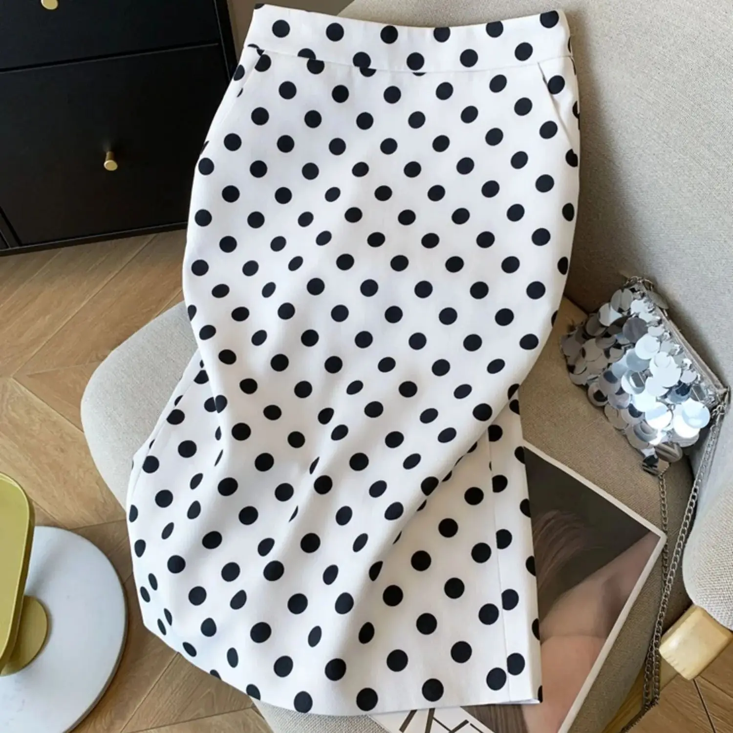 

New Autumn Split Midi Skirt Women Elegant Polka Dot Printed High Waist Slim Office Lady Straight Retro Skirts Club Party Jupe