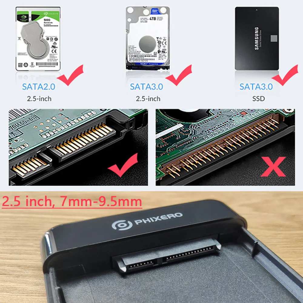 PHIXERO HDD Case 2.5 นิ้ว SATA to USB3.0Type-C SSD ฮาร์ดไดรฟ์ภายนอก 6Gbps USB-C ภายนอก SATA HDD Enclosure สําหรับ PC แล็ปท็อป