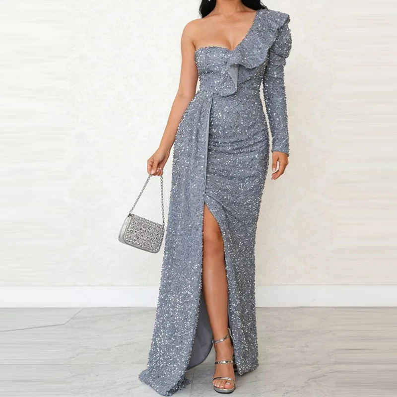 Mulheres casual manga longa vestidos de cintura sólida elegante divisão brilhante lantejoulas vestido de festa sexy um ombro divisão assimetria vestido longo