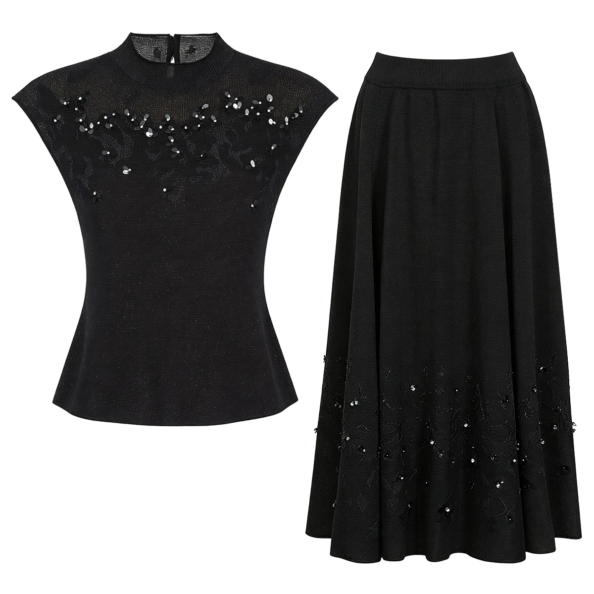 26234 Sommer Neue Damenmode Stilvoller Vielseitiger Dreidimensionaler Glitzer Ärmelloser Stricktop T-Shirt+Rock Set