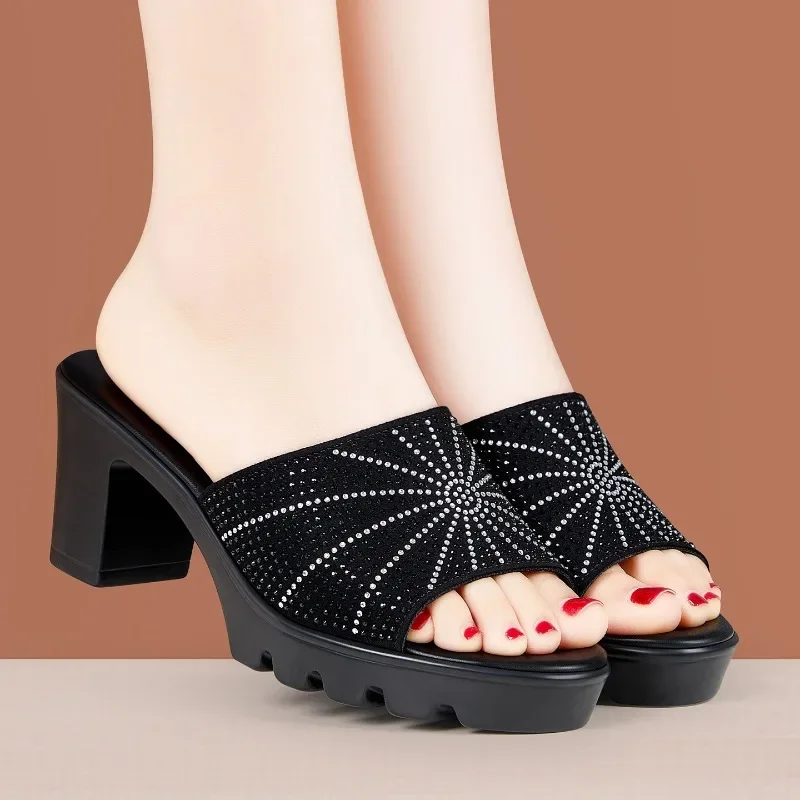 

Rhinestone 2025 Summer High Heel Slippers Ladies Shoes for Women Sandals Peep Toe Outside Women's Slipper Female Platform Sandal