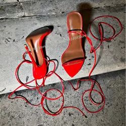 Red Ankle Strap Stiletto Sandals Open Toe Solid British Style Summer Design for Women Dress Party Sandals Zapatos Para Mujere