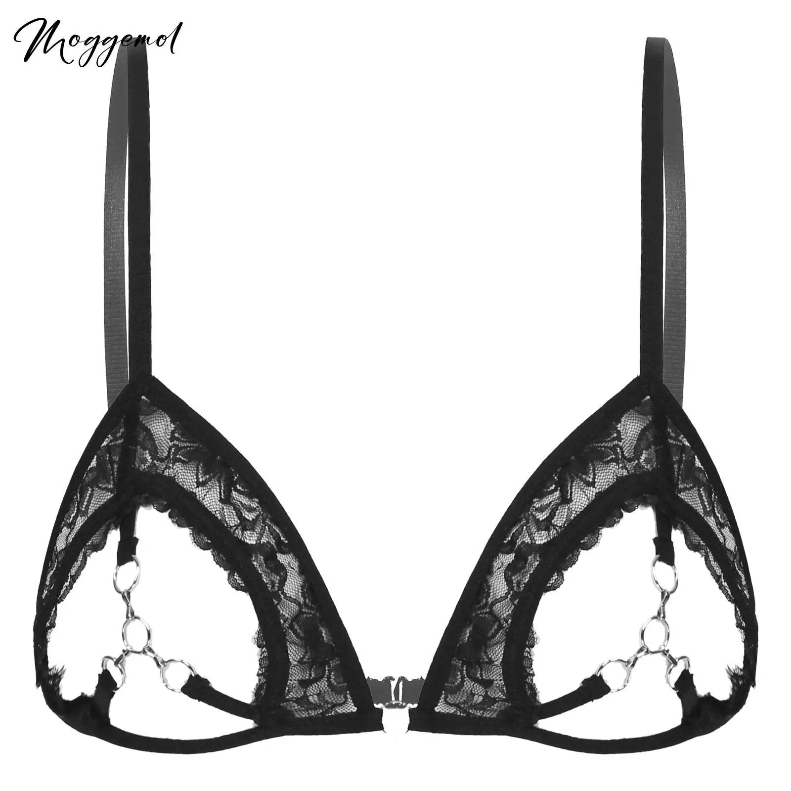 Women\'s Sexy See Through Sheer Lace Bras Lingerie Open Cups Bra Top Underwear Hollow Out Bra with Metal Rings Linked at Bust