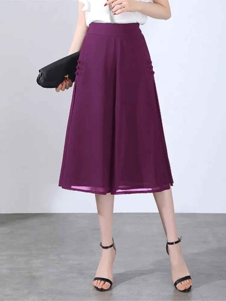 Rok Celana Capris Sifon Wanita Celana Panjang Kaki Lebar Elegan Antik Kasual Pinggang Tinggi Elastis Longgar Keren Wanita Musim Panas