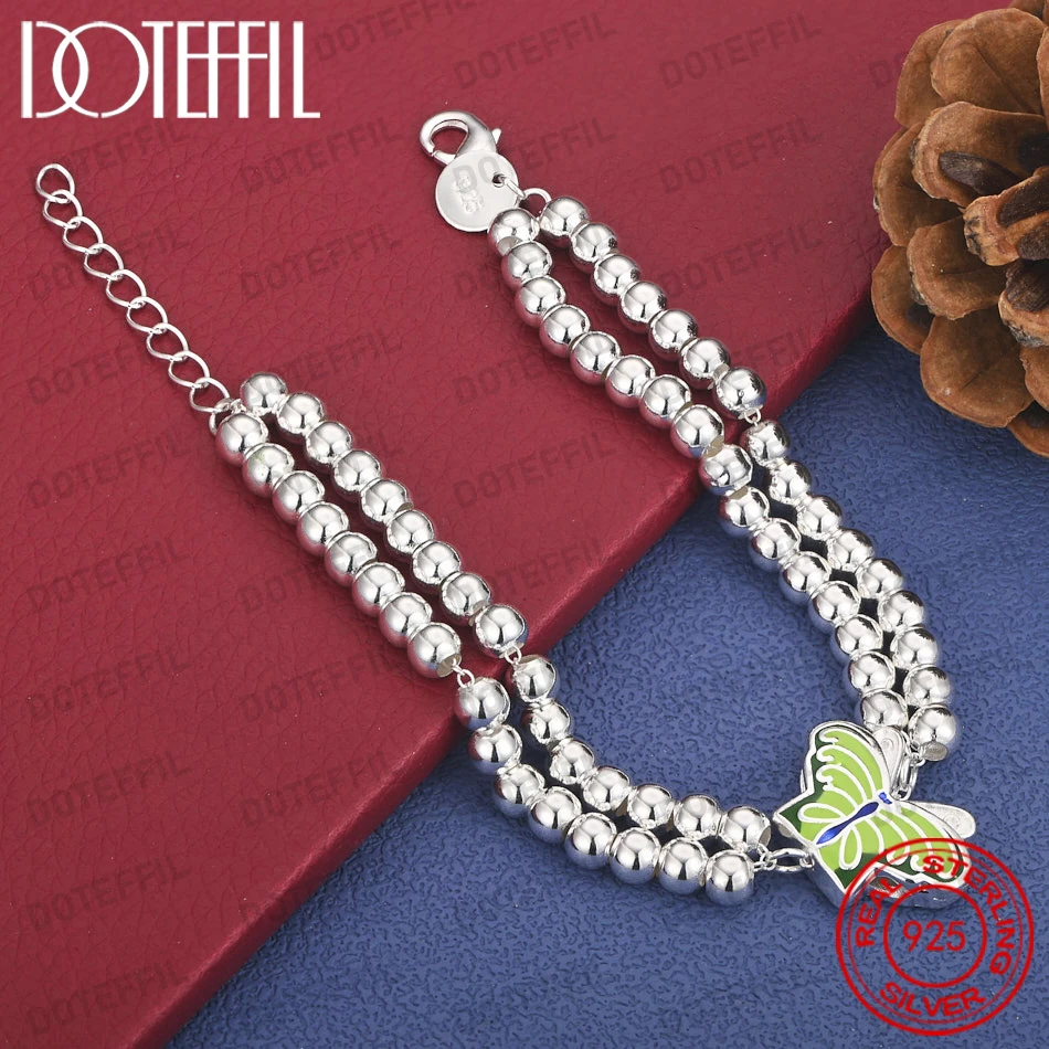 Bezauberndes 925er Sterlingsilber, 8 Zoll, exquisites Armband mit doppelten Silberperlen und grünem Schmetterling, modischer Schmuck für Damen, Party, Hochzeit