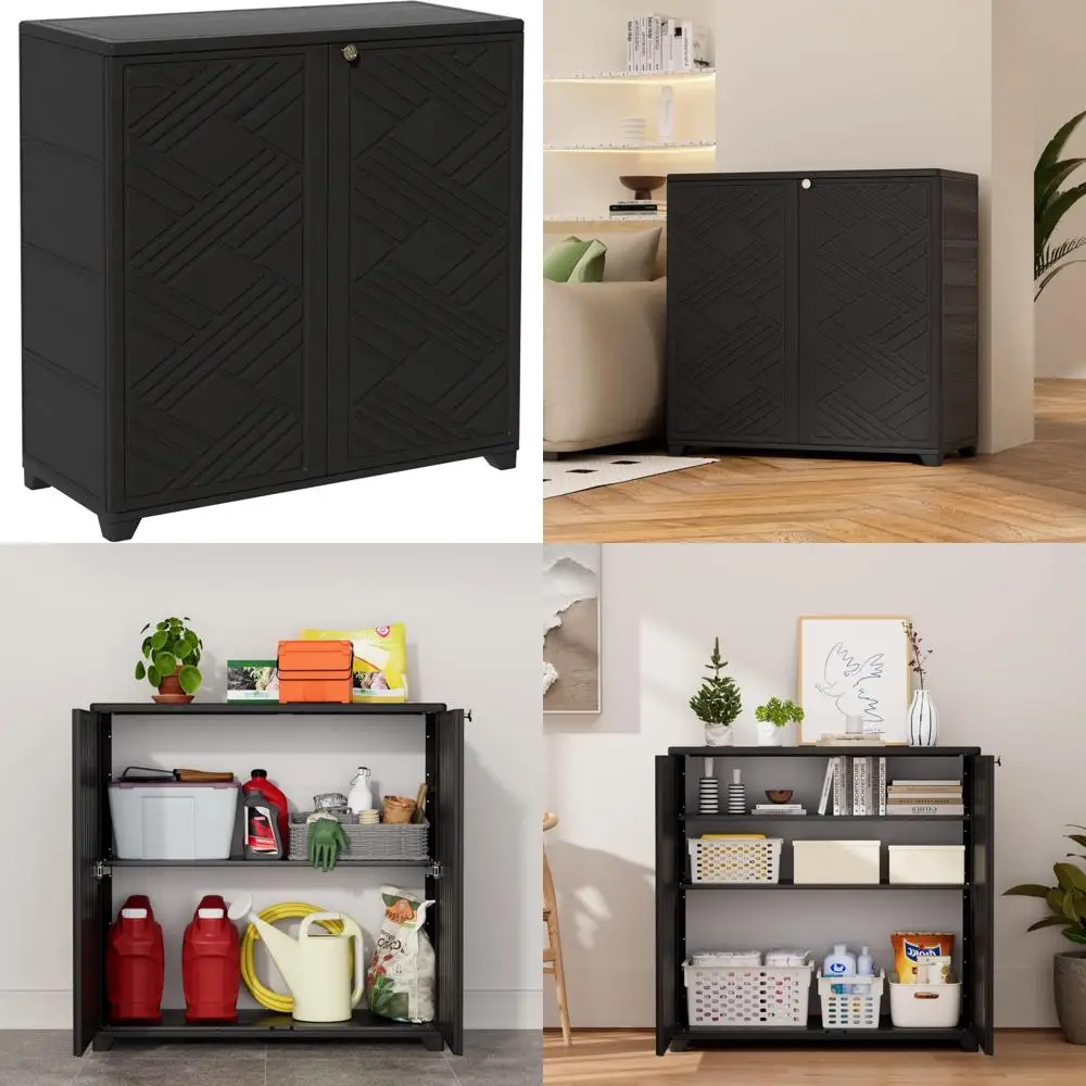 space-saving plastic storage cabinet, 34x15x34 inches, with single shelf for outdoor and indoor use