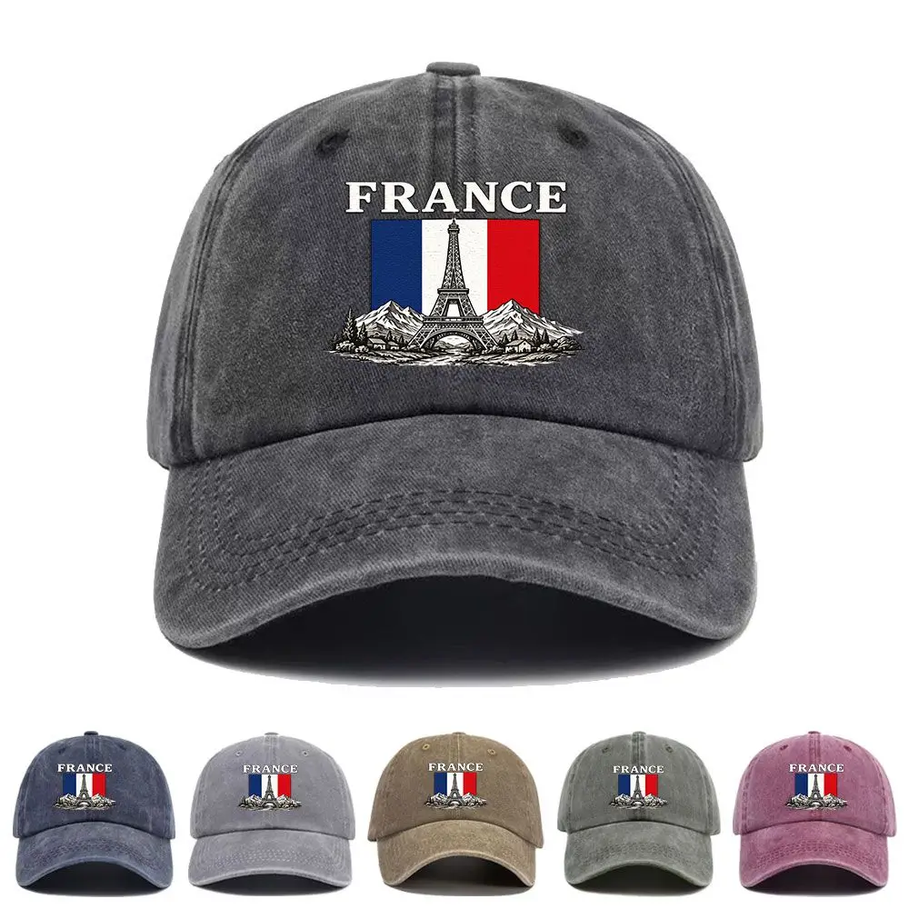 Vintage Washed Baseball Cap France Flag Eiffel Tower Print Graphic Unisex Streetwear Casual Trucker Style Summer Cotton Sun Hat