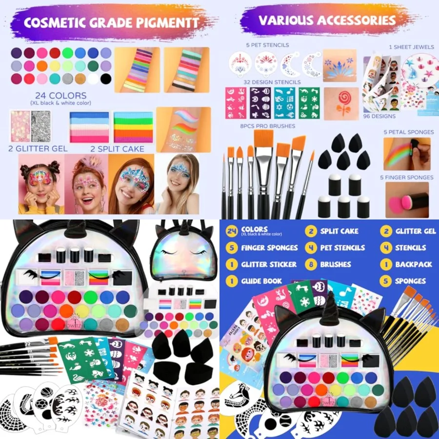 

Unicorn Face Paint Kit -24 Colors2 Rainbow Glittersand2 Glitter Gels 10 Sponges 8 Brushes 8 Stencils Gem StickersandGuidebook-C