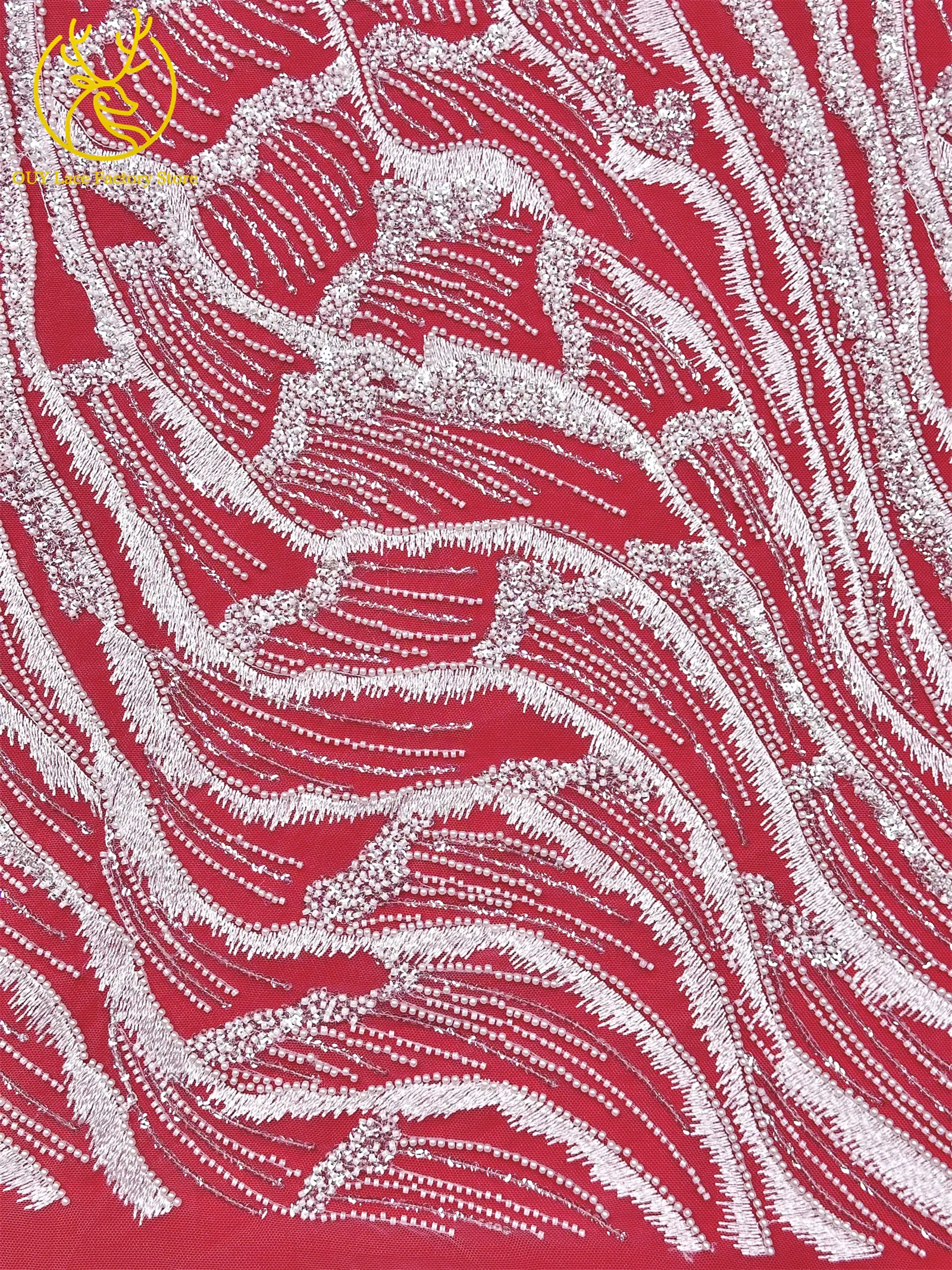 Afrikanischer Brautkleid-Spitzenstoff mit Stickerei und Perlen, französischer Netzspitzenstoff, nigerianischer Tüllspitzenstoff für Hochzeitskleider und Partykleider zum Nähen – Detail 12