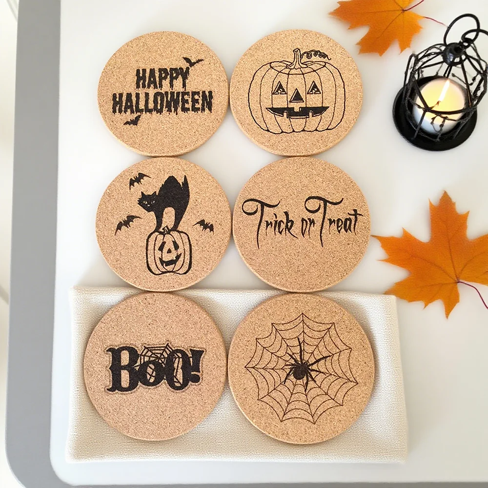 6Pcs Halloween Cork Coasters Pumpkin Spider Trick or Treat Wood Cork Coasters Shelf Sitter Hot Pad Kitchen Table Decor Supplies