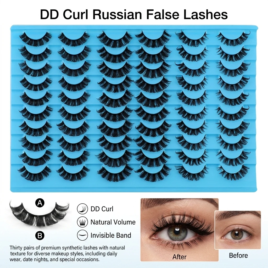 30 Pairs Russian False Eyelashes for Daily Makeup D Curl Synthetic Fiber Natural Thick Look Thin Invisible Band Lash Clusters