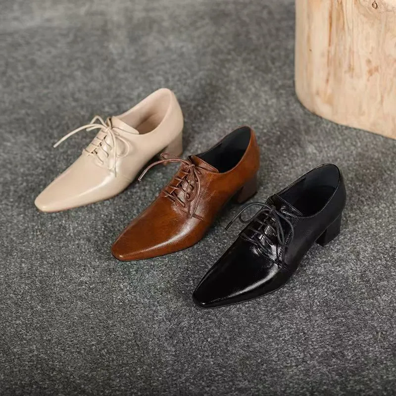 2026 نمط جديد منتصف كعب مضخات جلد طبيعي أسود الانزلاق على أشار تو أحذية نسائية مريحة الشتاء مكتب أحذية عمل