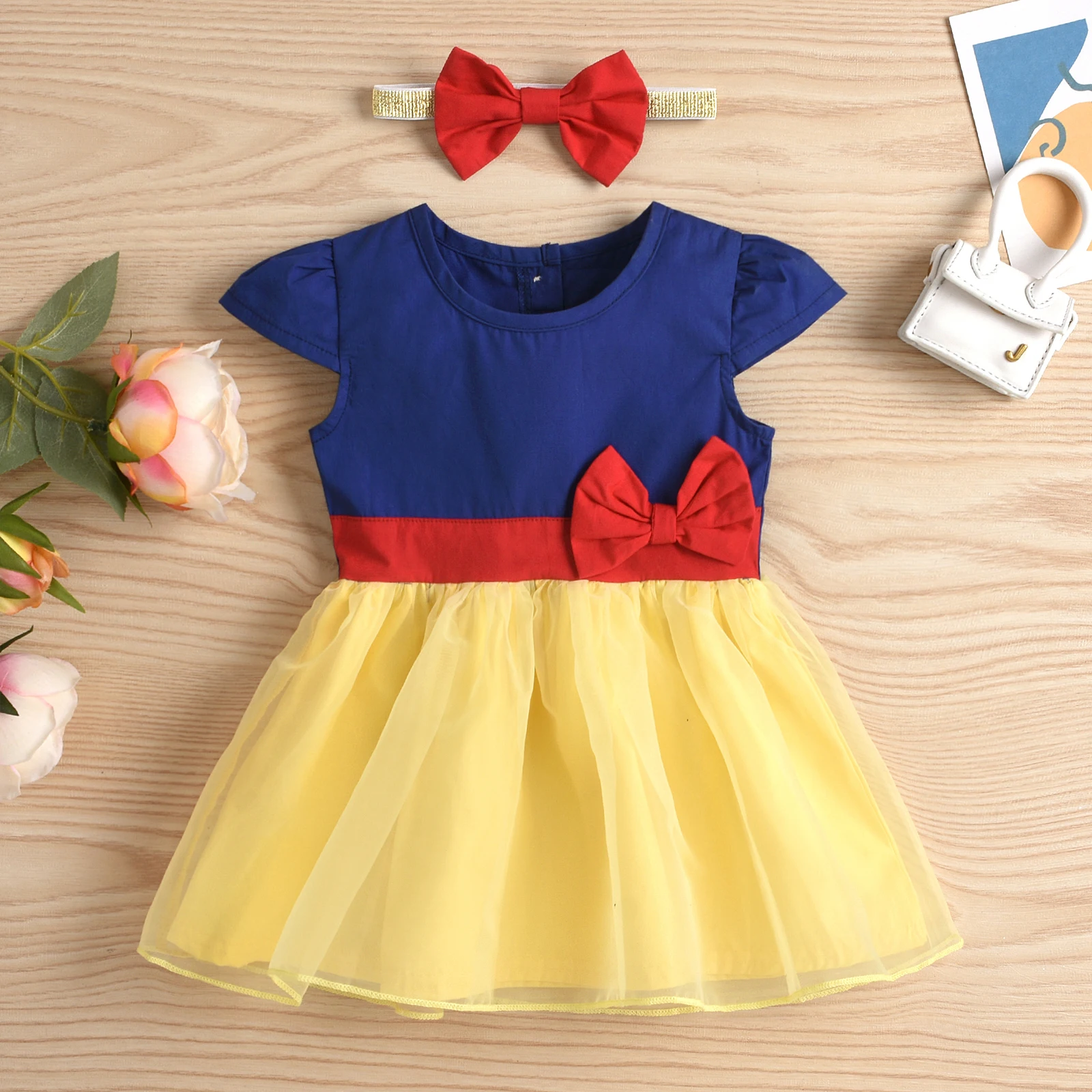 2PC Spring and Autumn Season Baby Girl Red, Blue and Yellow Mesh Dress with Headpiece