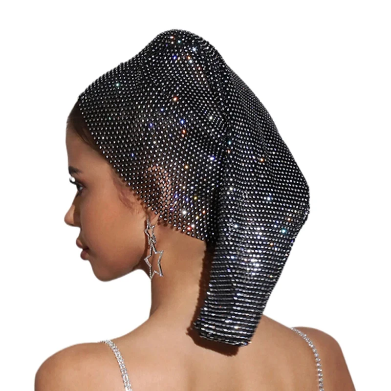 Damen Voll-Strass-Mesh-Kopftuch Funkelnder Kristall-Langschwanz-Kopfwickel Elastische Glitzernde Kopfbedeckung für Party, Club und Abendveranstaltungen – Detail 3