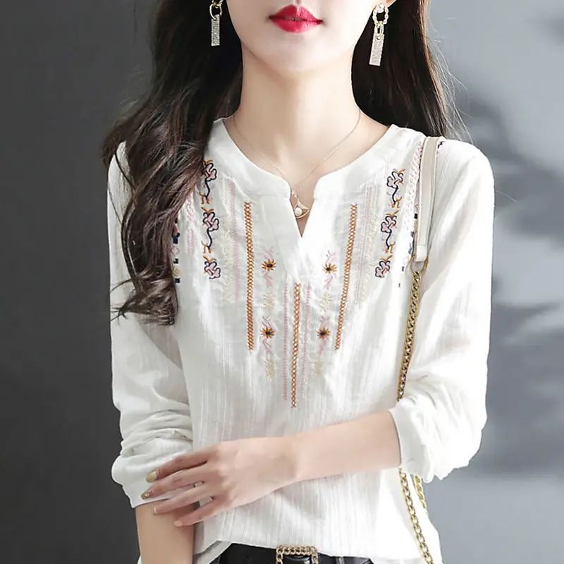 Cotton Linen Embroidered Ethnic Style Versatile V-neck White Blouse Multiple Patterns Printing Thin Spring Summer Women Pullover