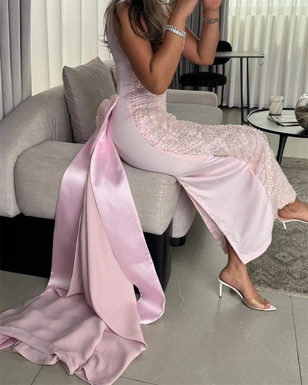 Contessa personalizado frisado lantejoulas vestido de baile com elegante arco tribunal trem sereia vestido de noche tornozelo-comprimento vestido de noite feminino