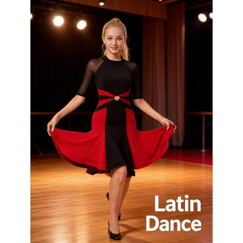 

S-4XL Elegant Women Red Acrylic Latin Dance Dress Premium Professional Adult Competition Performance Daily Training Costume