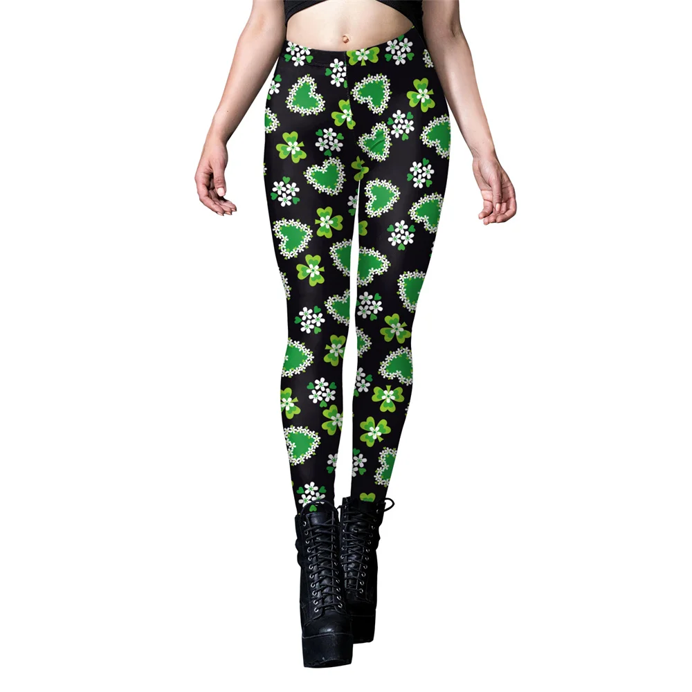 FCCEXIO Women Leggings Irish Festival Lucky Leaf Print Green Leggins Slim Fitness Push Up Stretch Party Leggins Mujer Sports