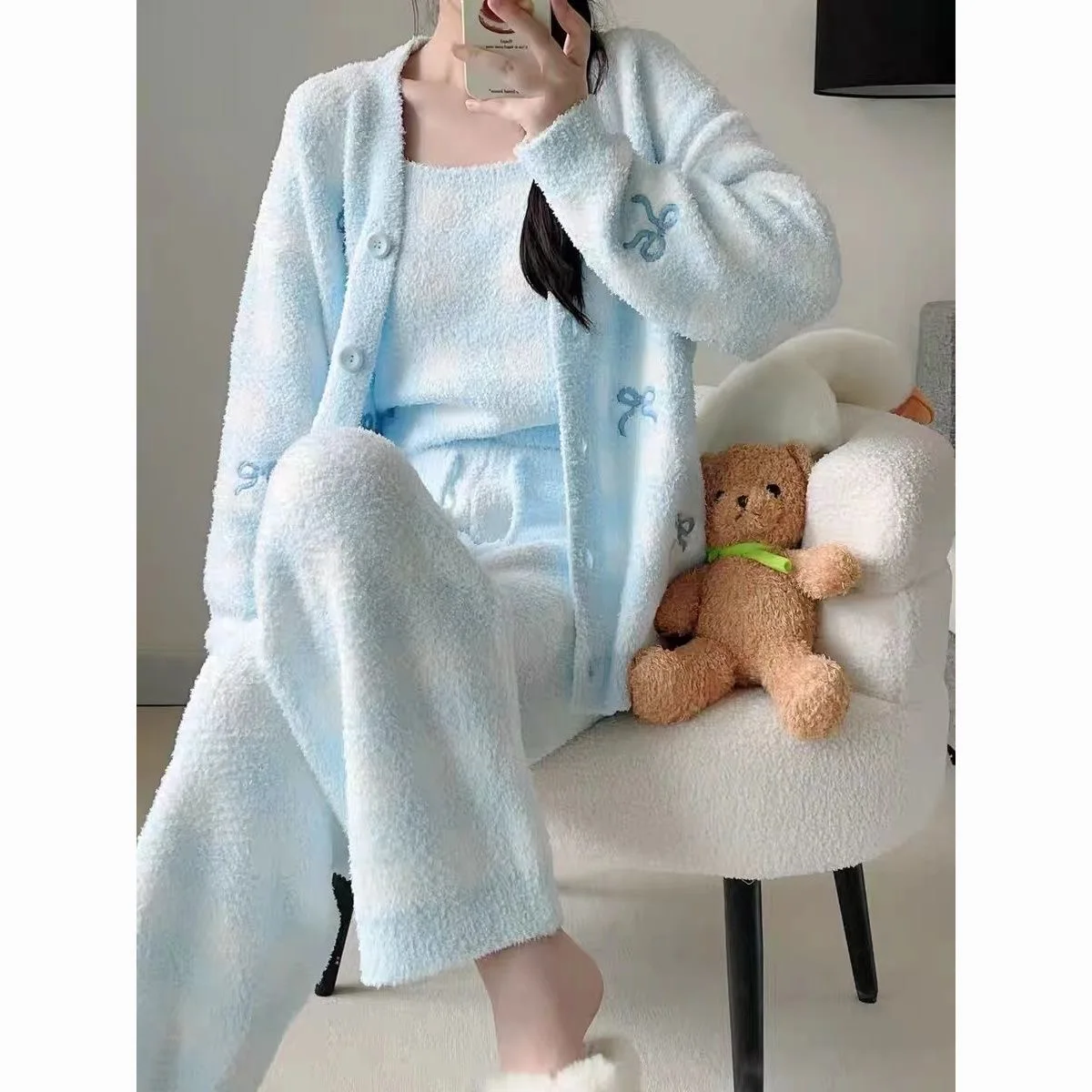 Women plush sweater three piece lounge Wear set ladies fuzzy cardigan embrodery Check jacquard vest pants knit sweater outfits