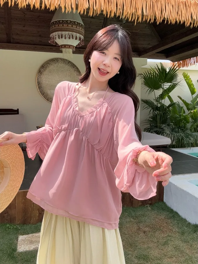 

Sweet Oversized Long Sleeve Shirt with Wood Grain Spring New Loose Slimming Design Folded Top for plus Size Women