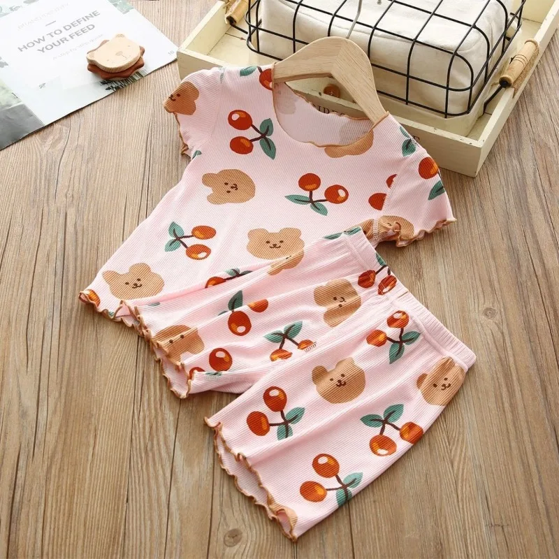 2026 Childrens Sleepwear Girls Short Sleeved Pants Summer Thin Design Fashionable Home Clothes Set for Girls Children and Babies