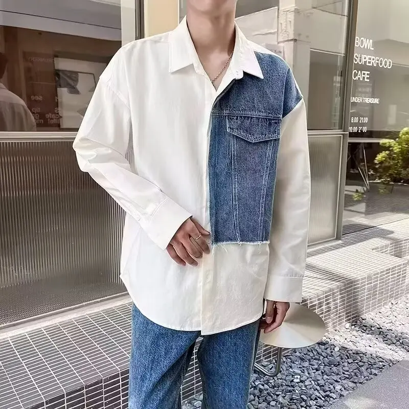 

Spring Large Size 300 Pounds Original Design Men's Denim Patchwork Long Sleeve Shirt Asymmetric Trendy Casual Fashion