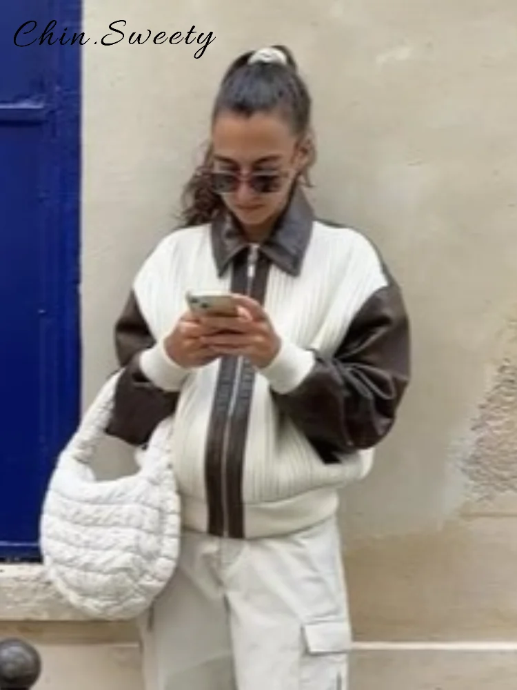 

Street Women's Contrast Woolen Coats Lapel Full Sleeve Zipper Pockets Jacket Female 2025 Autumn Winter Lady Chic Commute Outwear