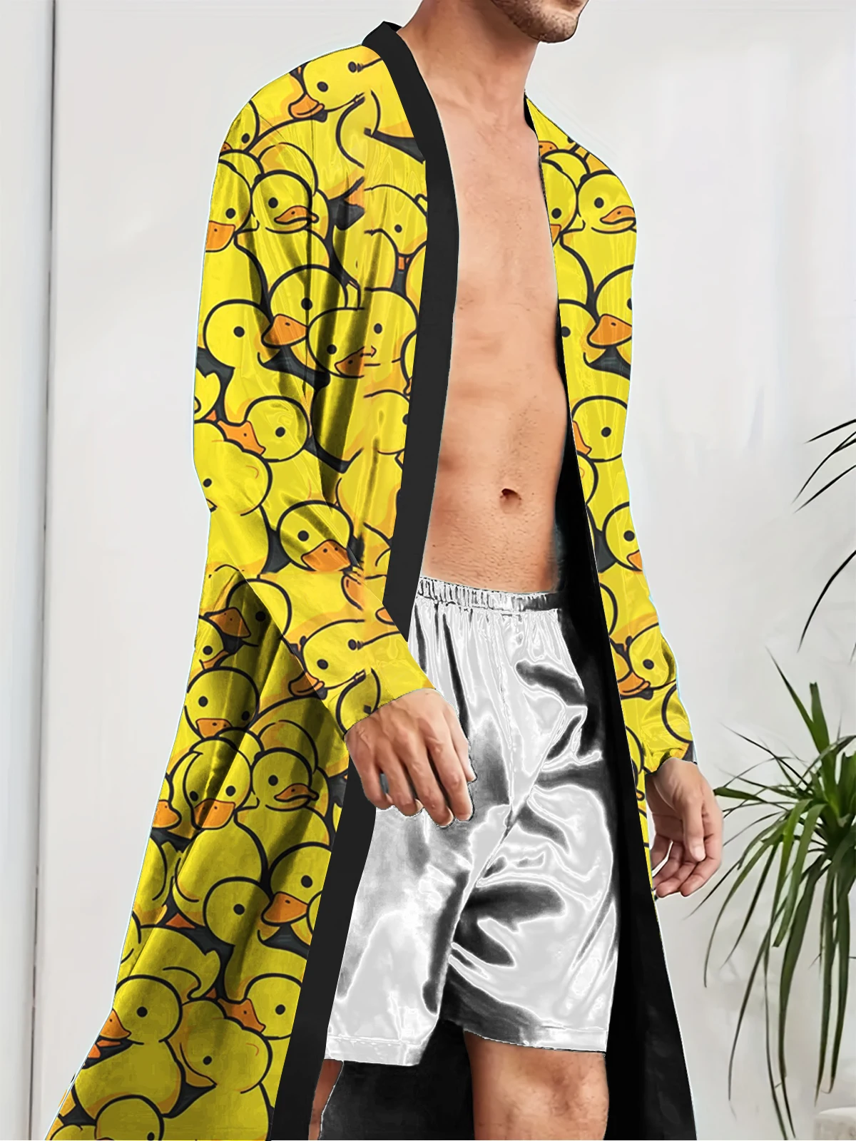 رداء طويل للرجال لربيع وخريف مع نمط بطة صفراء مطبوعة رقمية، رداء طويل غير رسمي مريح للمنزل، سريع الجفاف. #2