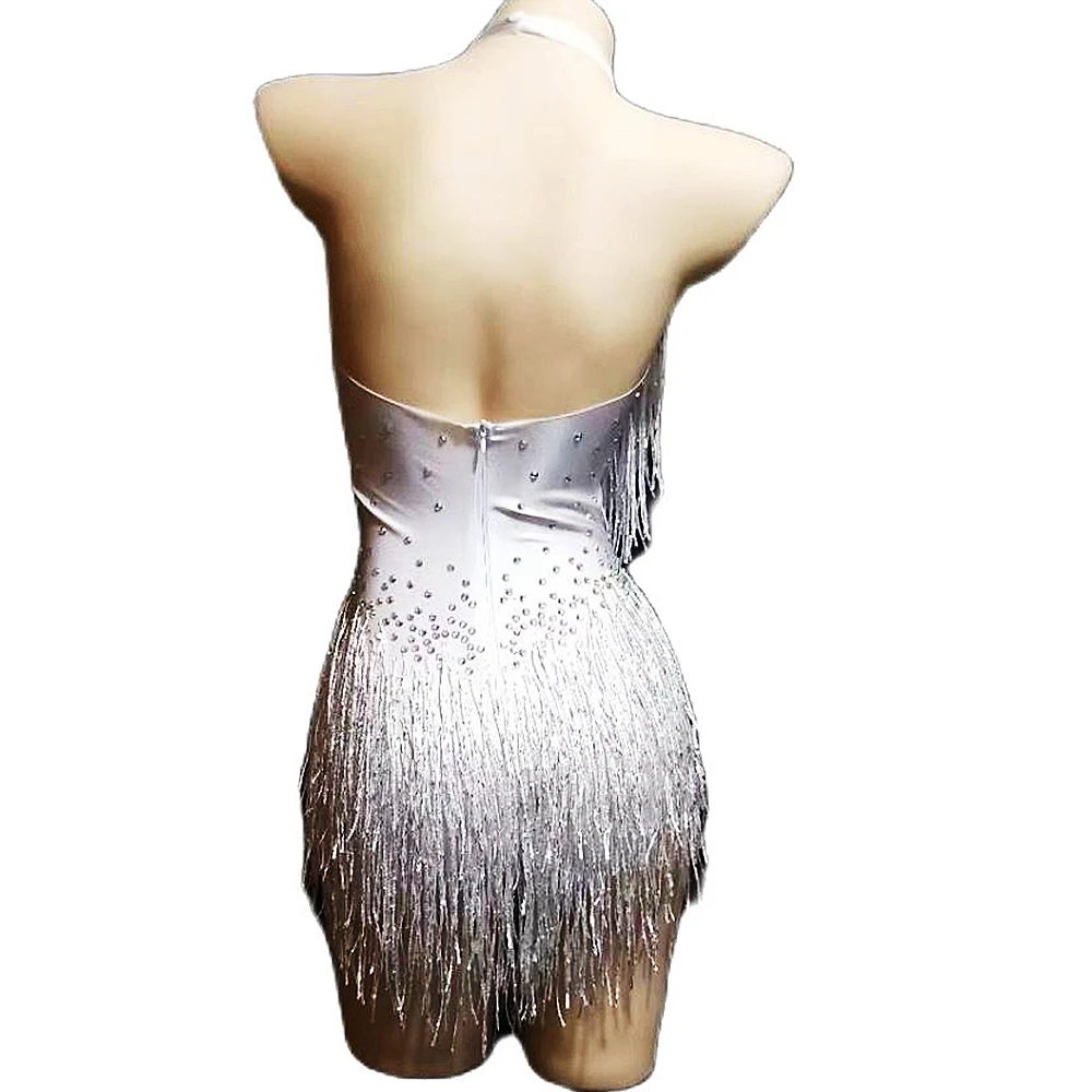 White Shining Rhinestones Sexy Backless Halter Women Bodysuits Latin Jazz Pole Tassel Stage Costume Nightclub Party Wear