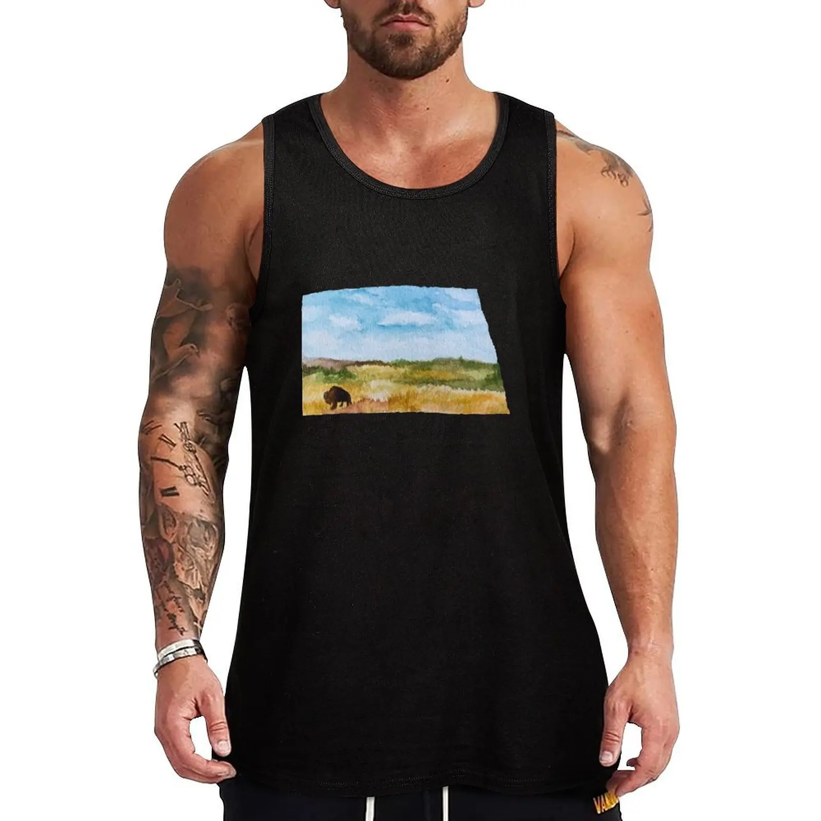 North Dakota Bison Tank Top Vintage Print Tank Top Retro Graphic Sleeveless Tee