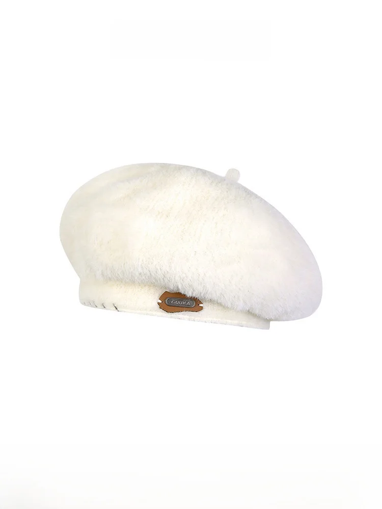 fashionable-white-faux-rabbit-velvet-beret-hat-women's-face-slimming-warm-sweet-painter-cap-casual-round-top-no-brim-cotton-hat