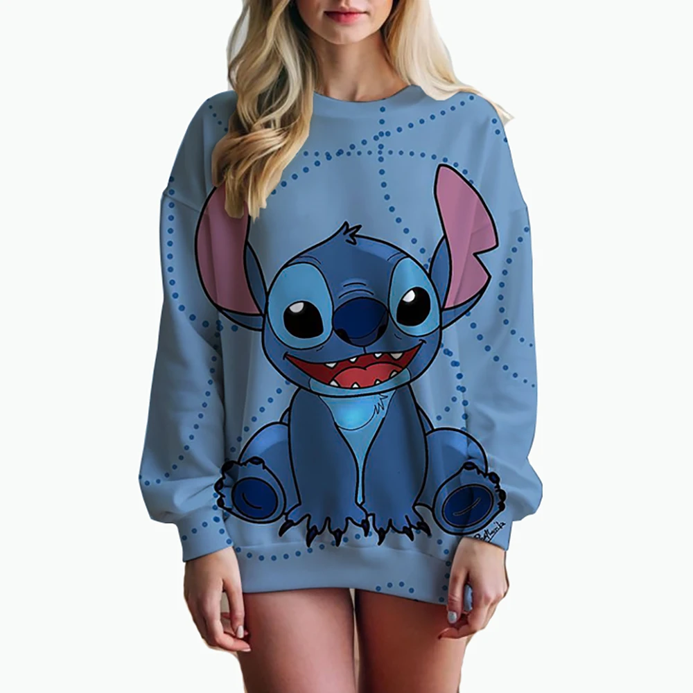 Autumn Fun Print Long Sleeve Top 2024 New Cartoon Disney Cute Lilo & Stitch Ladies Sweatshirt Crew Neck Loose Pullover