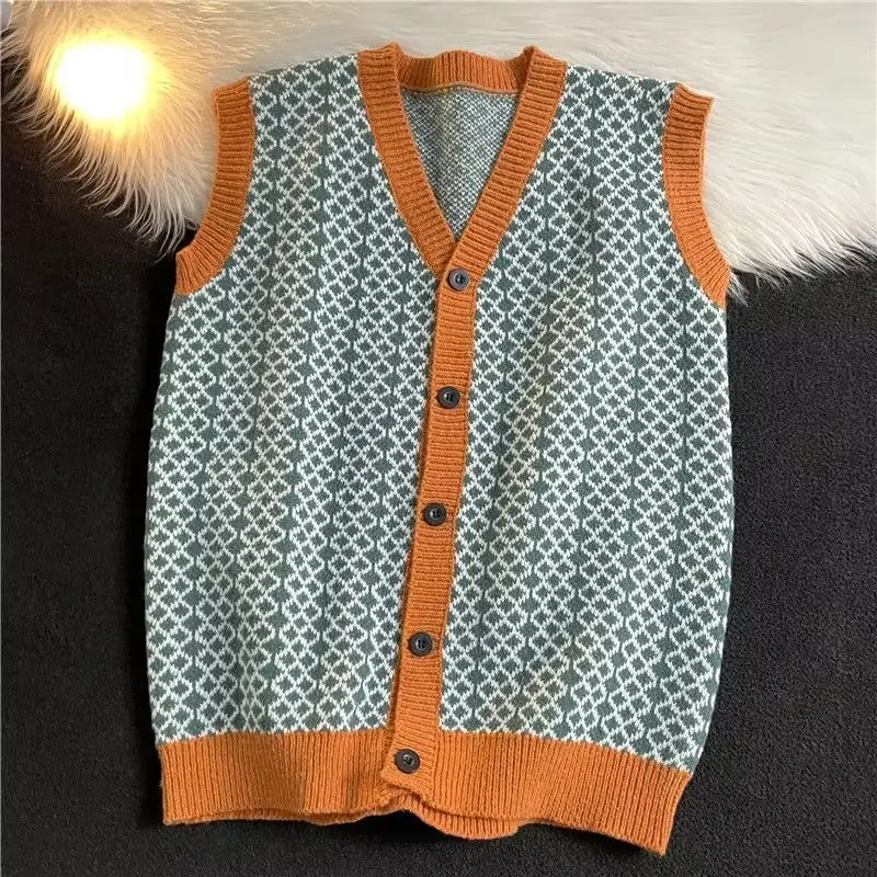 EBAIHUI Men's Sweater Tank Spring and Autumn Vintage V-neck Male Cardigan Vest Contrast Sleeveless Knit Man Top