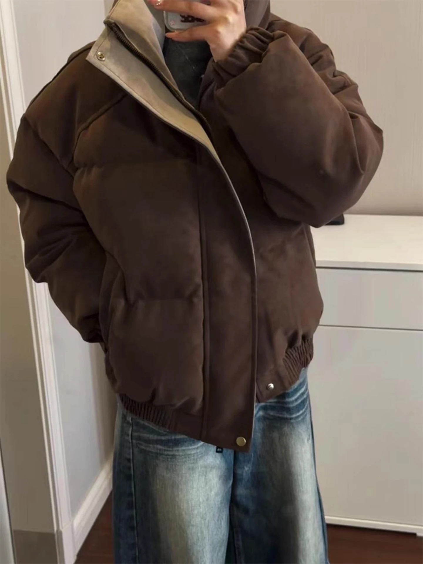 

Retro American Dyed PU Leather down Bread Coat Men's Winter Thi Warm High-End Cotton Jaet Stand Fit Casual Outerwear