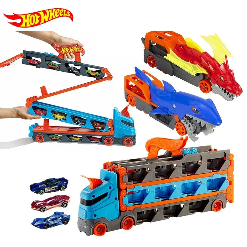 Original Hot Wheels Car Speedway Hauler Storage Carrier Drag Race Track Kids Boys Shark Chomp Transporter Toys for Children Gift