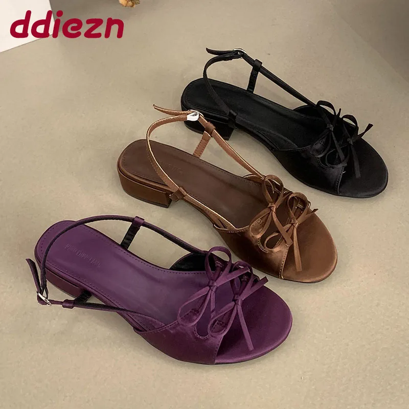 

Новые модные женские босоножки на низком каблуке с круглым носком, женская обувь с узлом-бабочкой, женские босоножки на мелком каблуке