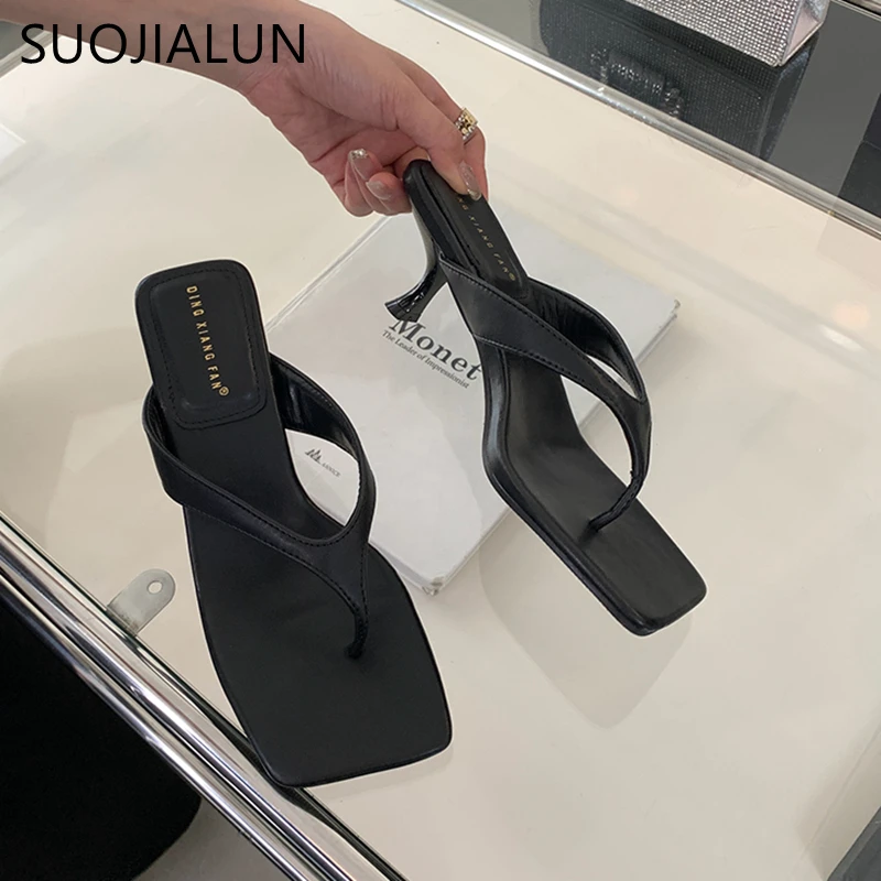 SUOJIALUN 2024 Summer New Women Slipper Fashion Narrow Band Ladies Thin High Heel Outdoor Dress Sandal Elegant Dress Flip Flops