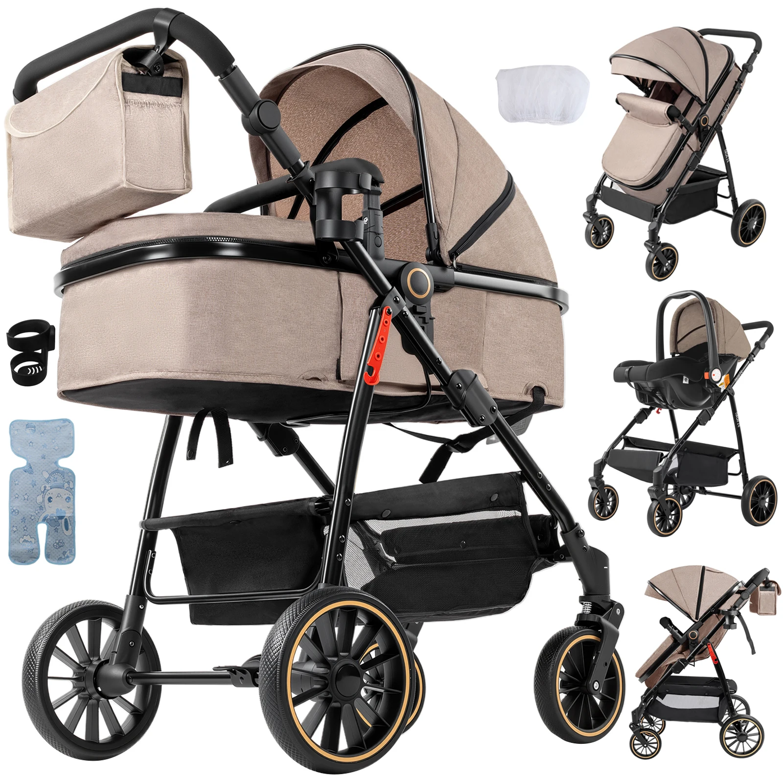 Kinderwagen Babyzubehör Kinderwagen 3 in 1 Baby Neugeborenenartikel Babykarte Leichter Kinderwagen für Babys Kinderwagen mit vier Rädern Folkenkinderwagen mit Verdeck Kinderwagen mit Einhandgriff