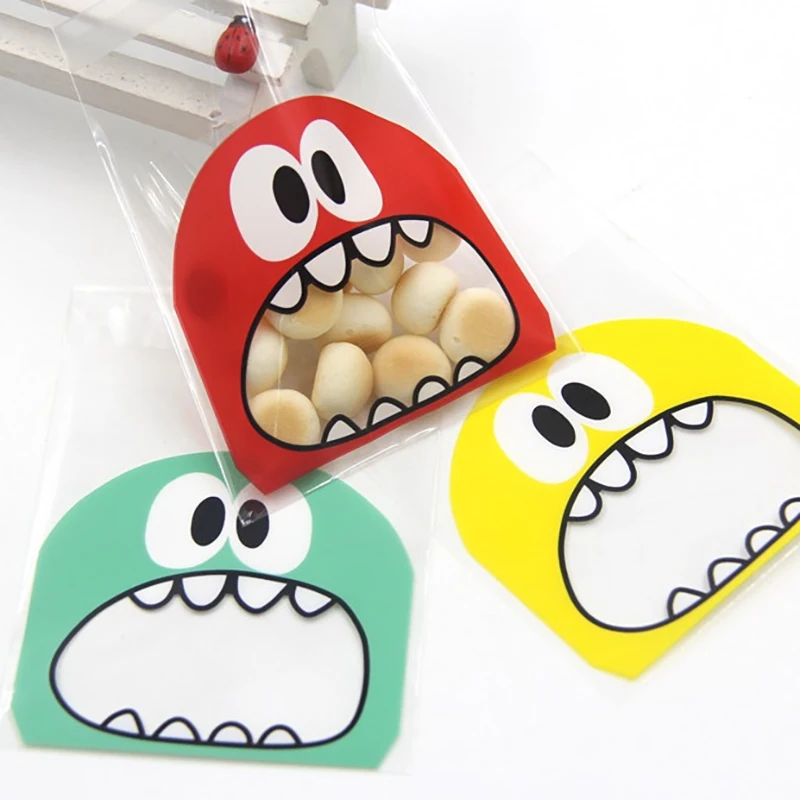 100pcs Cartoon Monster Cookie Candy Bag 7/10cm Self-Adhesive Plastic Bags Large Mouth DIY Biscuits Snack Baking Package Supply