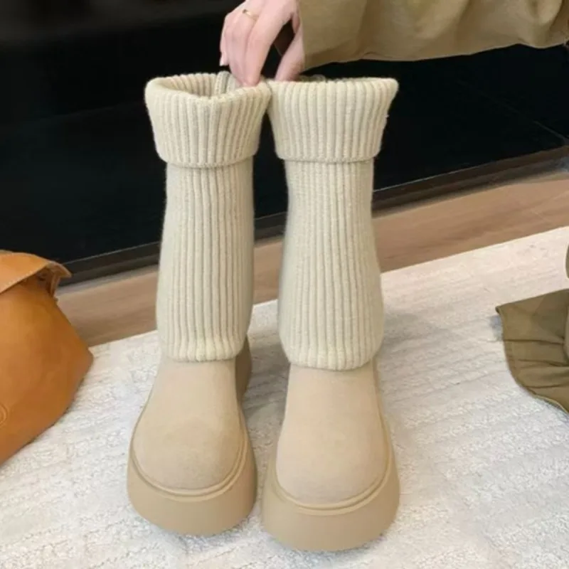 

Женские эластичные ботинки на высоком каблуке на толстой подошве, короткие ботинки, молодежная обувь на плоской платформе с круглым носком из искусственной кожи оленя