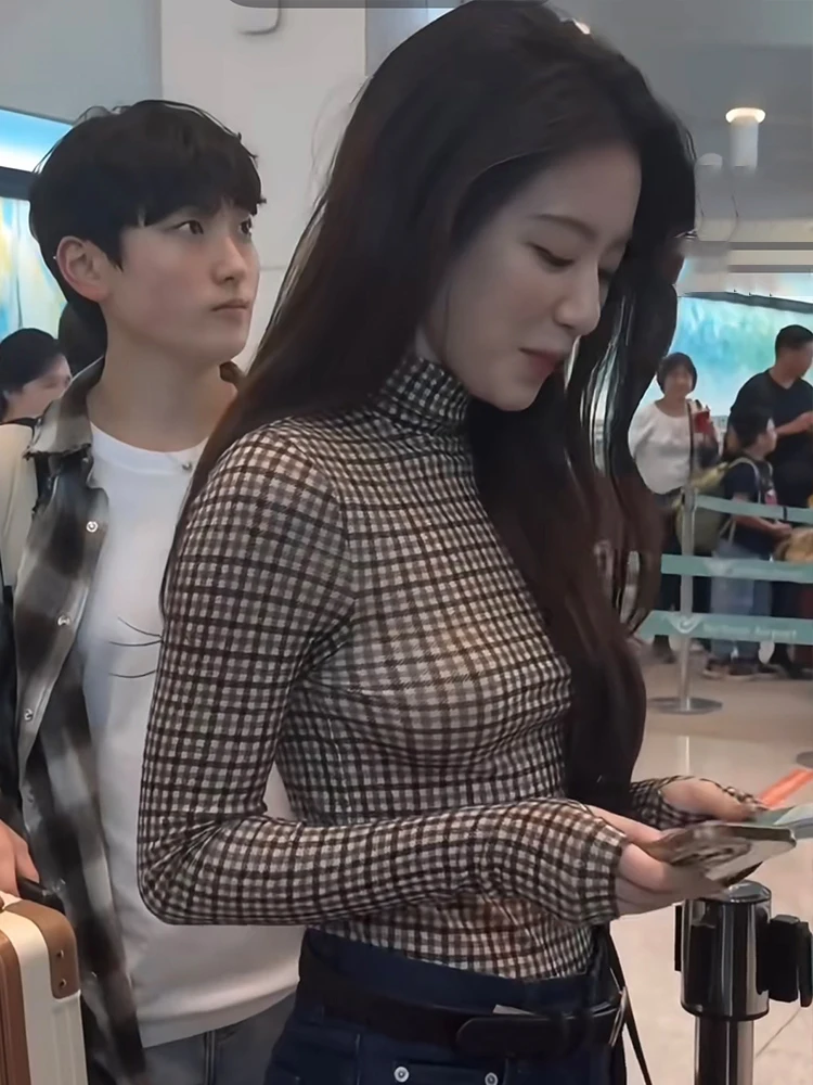 

Women's Slim Fit Long Sve T-irt High Collar Plaid Base Layer irt Casual Commute Sle Cotton idded Top