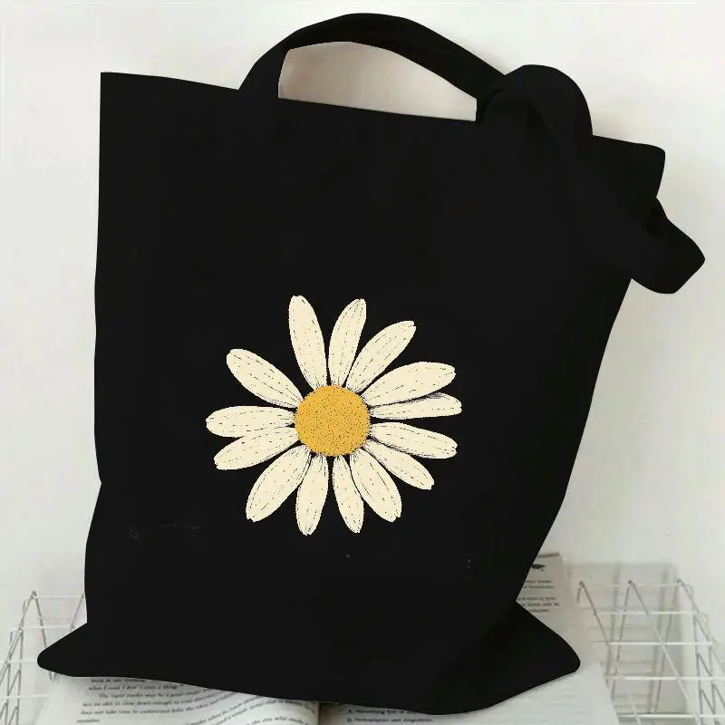 Daisy Floral Tote Bags For Women Trendy Canvas Tote Large Capacity Shopping Handbag Best For Her Book Storage Clutch