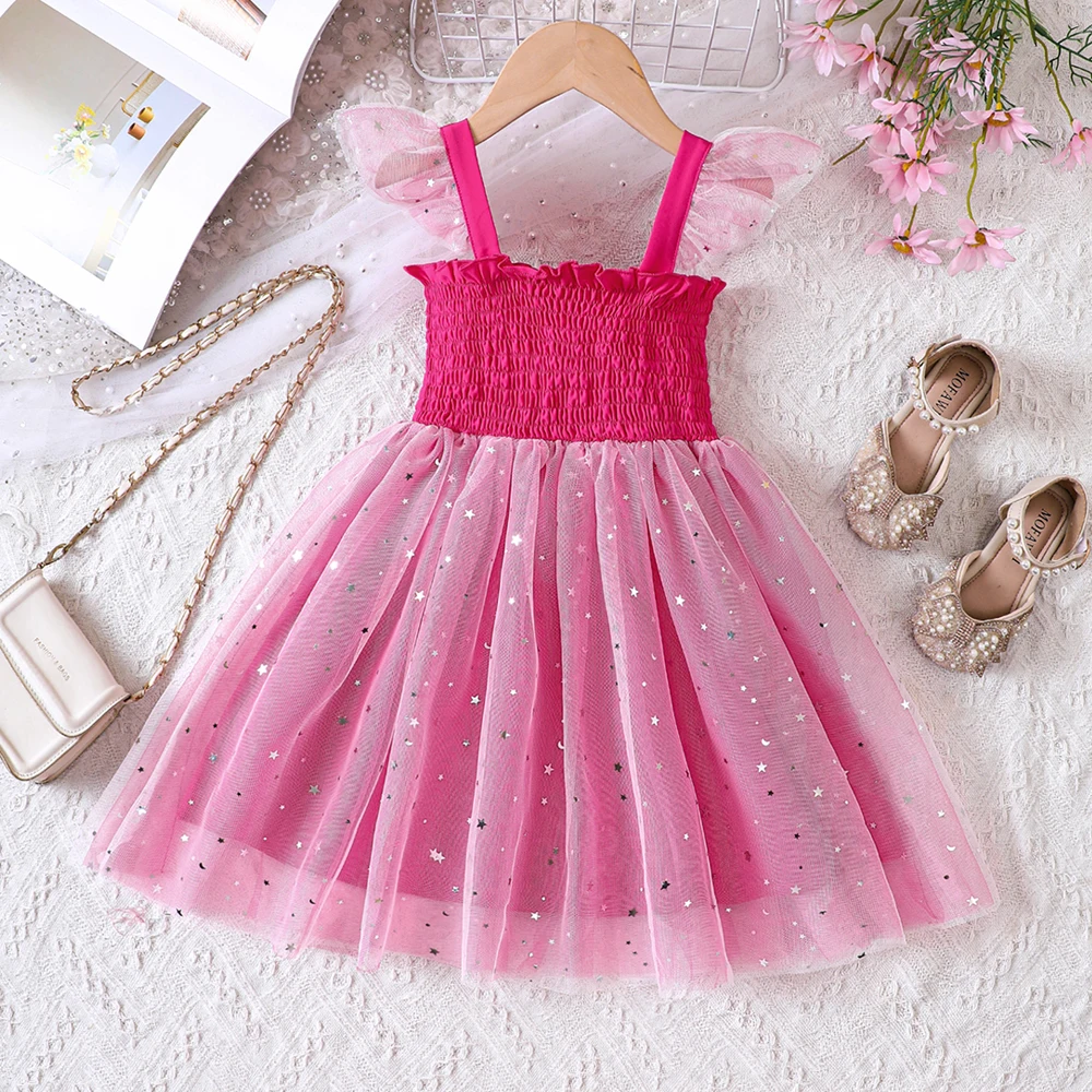 Girls\' new sweet and cute princess dress in summer + five-pointed star embellished mesh series slip dress