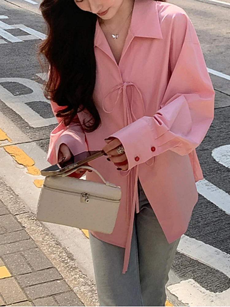 

Синие простые базовые однотонные женские пуловеры, модные уличные свободные женские пуловеры, топ с длинными рукавами и шнурком во французском стиле ретро