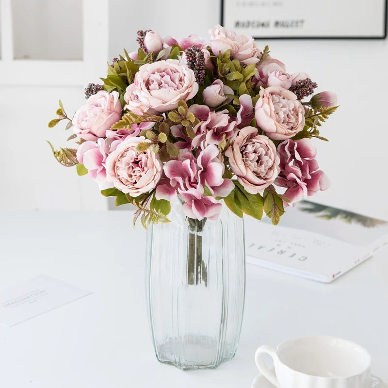1/3 Stück künstliche Blumen Weihnachtsgirlande Hochzeit Garten Rosen Fotos Bogen Pfingstrose Blumensträuße Home Room Decor Seidenhortensien – Detail 8